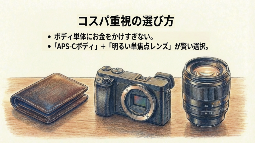 APS-Cボディと明るい単焦点レンズの組み合わせが賢い選択であることを示すスライド