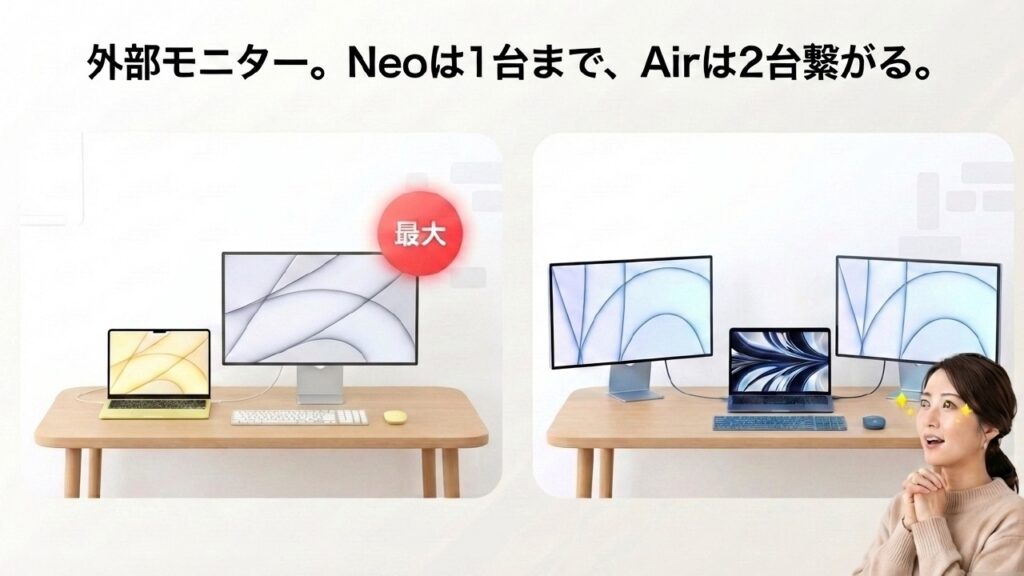MacBook NeoとAirの外部モニター接続台数の違い
