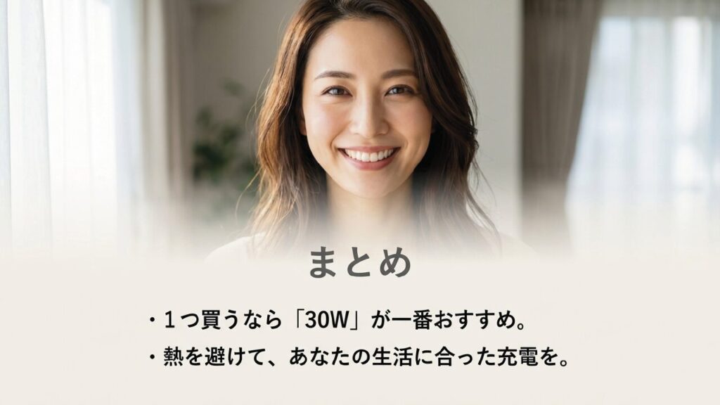 充電ワット数まとめ まとめ:1つ買うなら30Wがおすすめ、熱を避けて生活に合った充電を