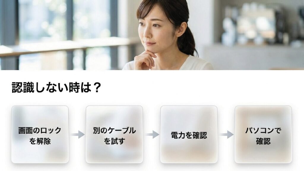 ストレージが認識しない時のチェックリスト。ロック解除、別ケーブル、電力確認、PCで確認