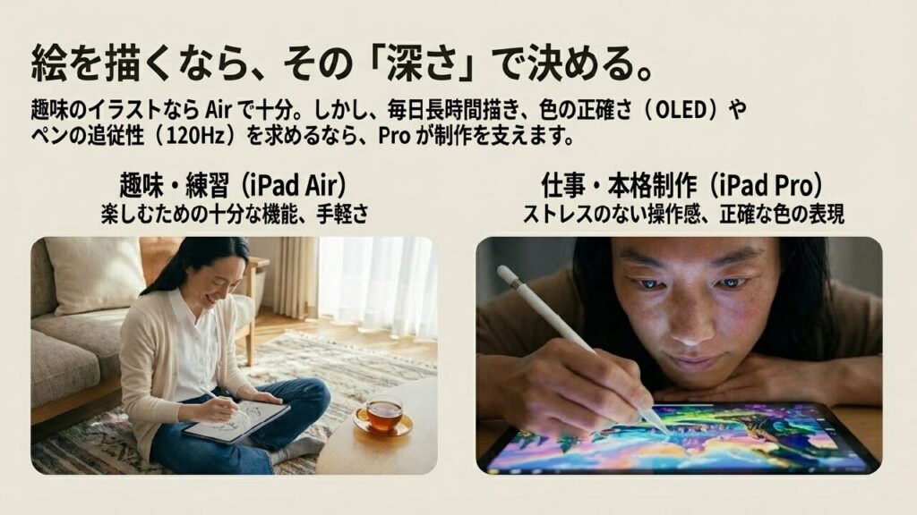 趣味のイラストならAir、プロの本格制作ならProという深さで決める図