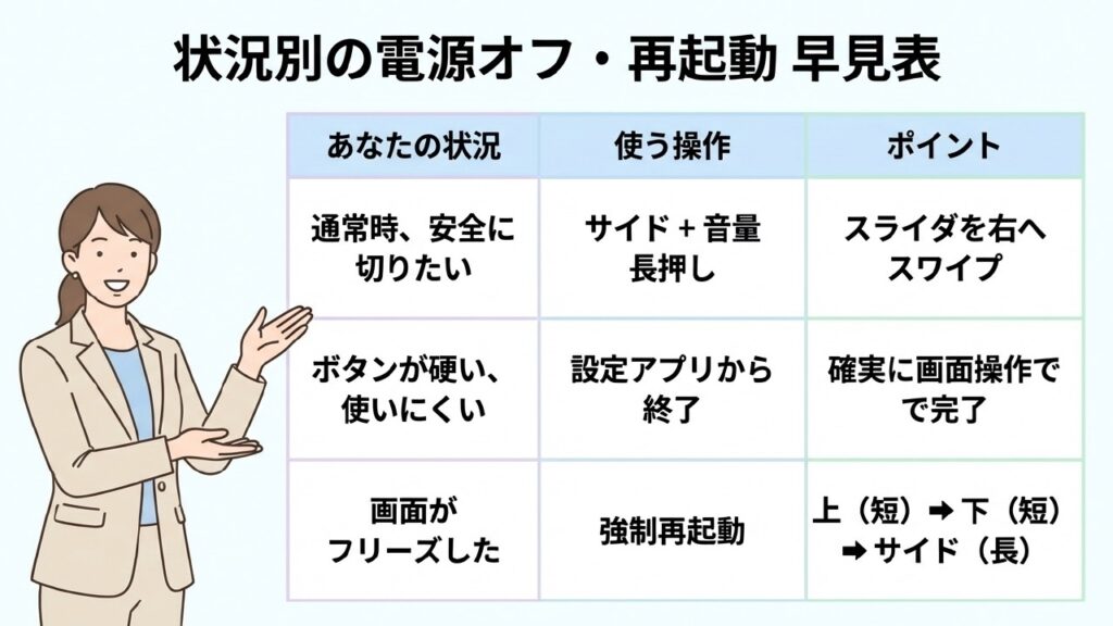 電源オフ・再起動早見表 状況別の電源オフ・再起動の早見表