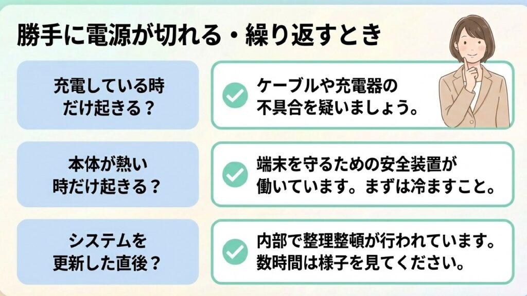 勝手に電源が切れる・繰り返す時は充電環境や本体の熱を確認
