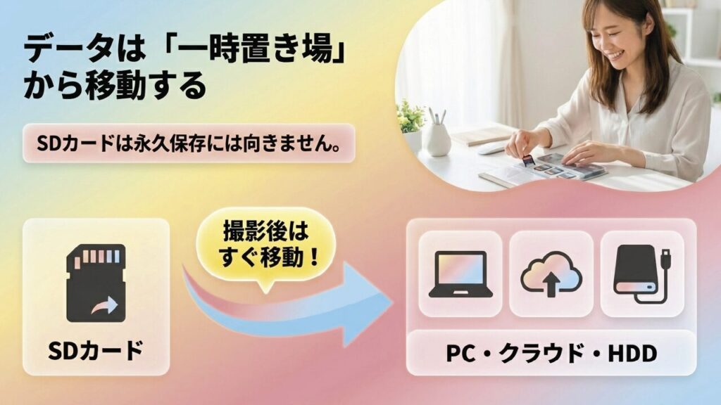 SDカードは一時置き場とし、撮影後はPCやクラウドへ即移動する