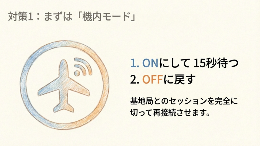 機内モードをオンオフして通信をリセット