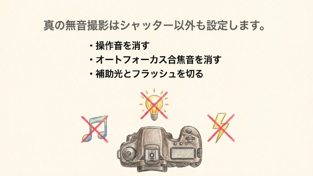 完全な無音撮影のためのカメラ設定 真の無音撮影は操作音やAF合焦音、補助光もオフにする