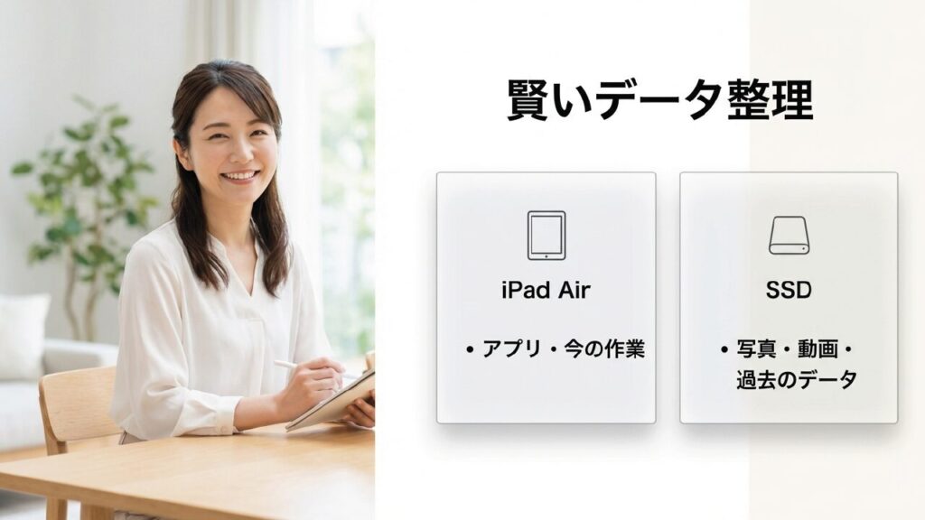 賢いデータ整理術。iPad Air本体にはアプリと今の作業、SSDには写真や動画、過去のデータを保存