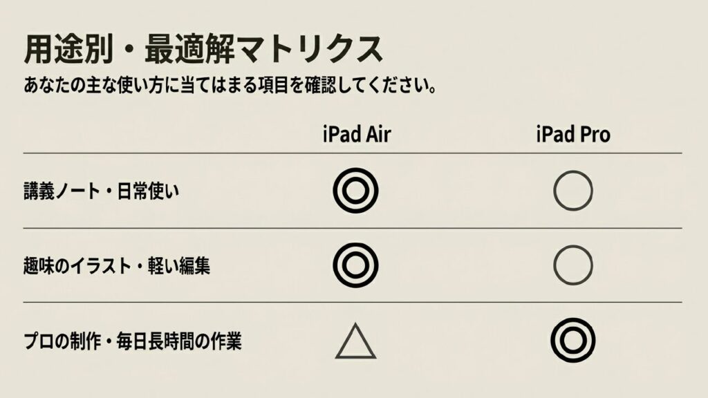 iPad AirとProの用途別・最適解マトリクス