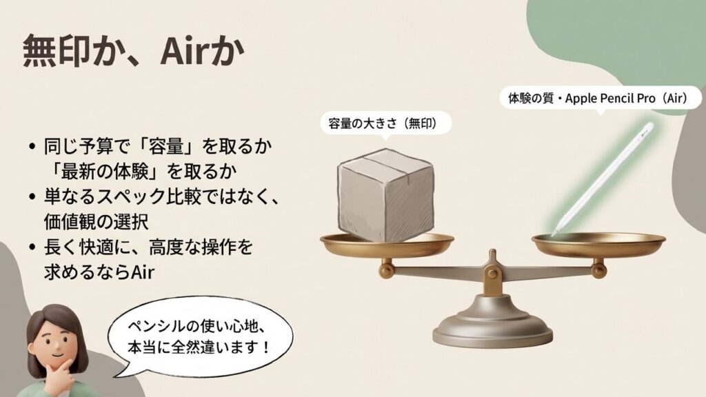 無印iPadとiPad Airの比較・容量の大きさと体験の質(Apple Pencil Pro)の違い 無印iPadとiPad Airの比較・容量の大きさと体験の質(Apple Pencil Pro)の違い