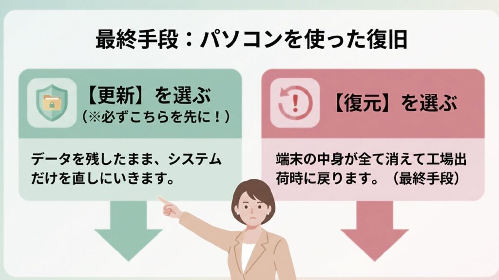 パソコンを使った復旧の最終手段では必ず「更新」を先に選ぶ