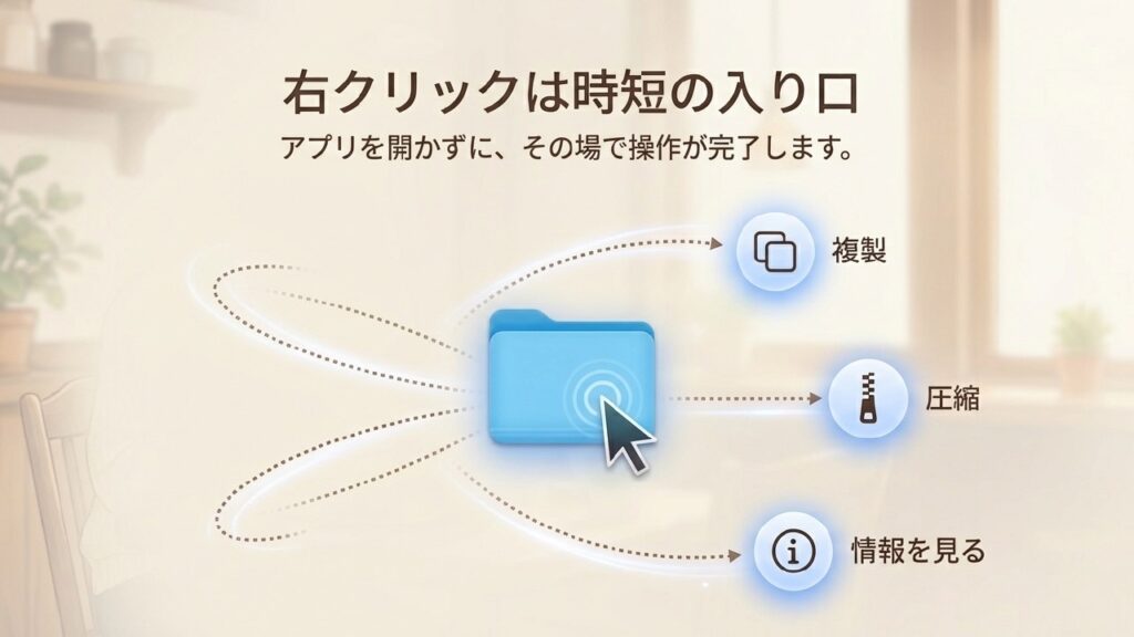 右クリックは時短の入り口。複製、圧縮、情報を見るなどの基本操作