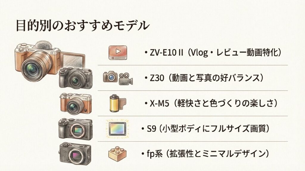 目的別にファインダーなしのおすすめミラーレス機を紹介するスライド