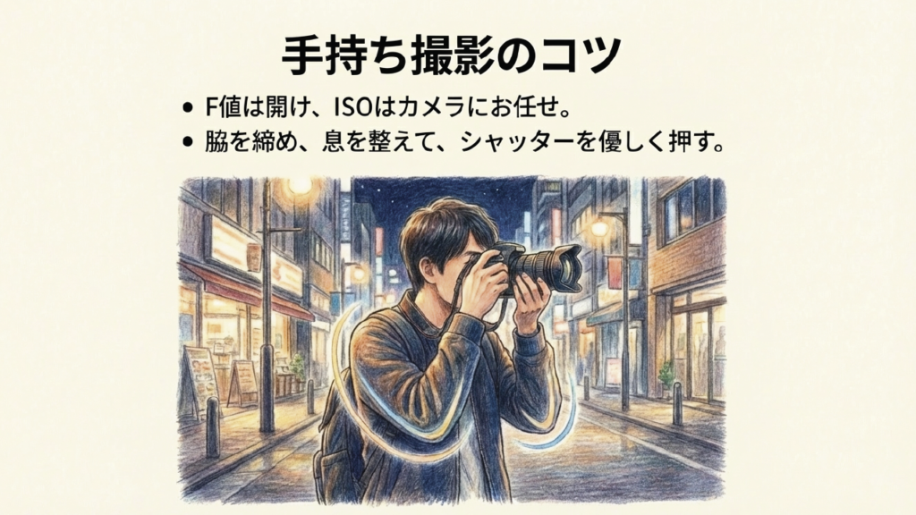 夜の街角でカメラを構える男性。F値開放や構え方のコツを説明するスライド