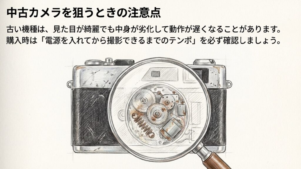 見た目が綺麗でも内部機構が劣化している可能性がある古いカメラのイラスト