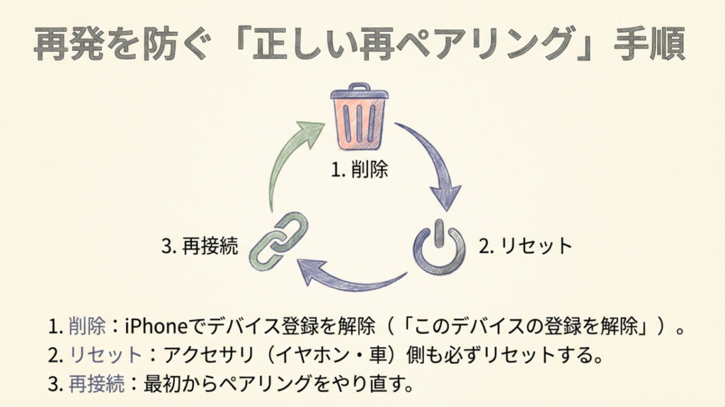 削除、リセット、再接続の正しい再ペアリング手順