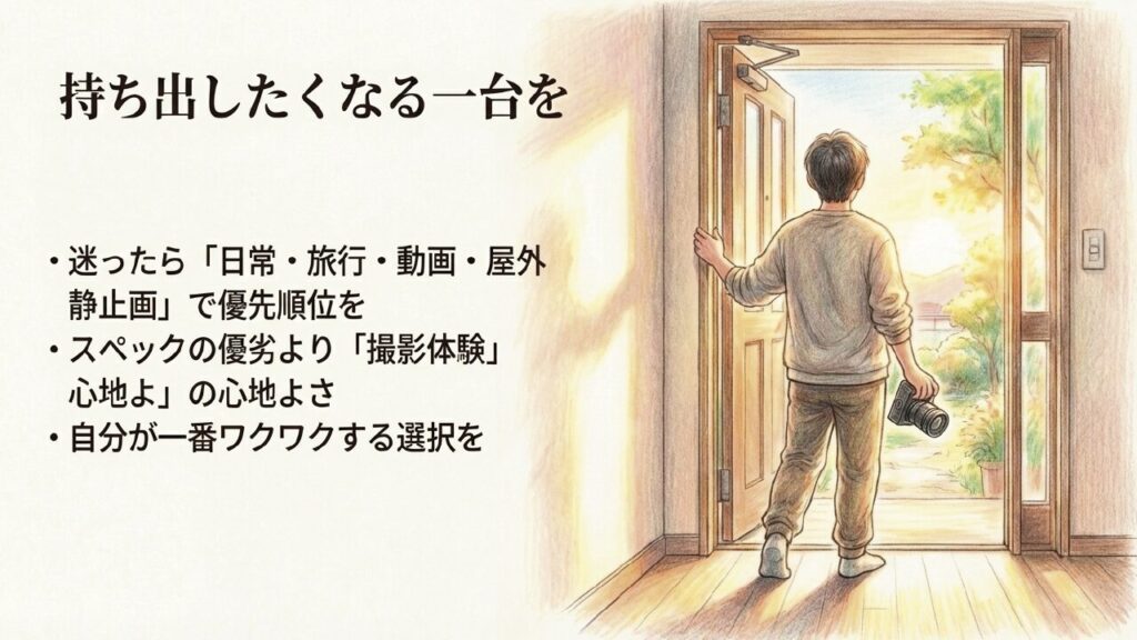 カメラを手に持ち、ドアを開けて外へ出ようとする男性のイラスト