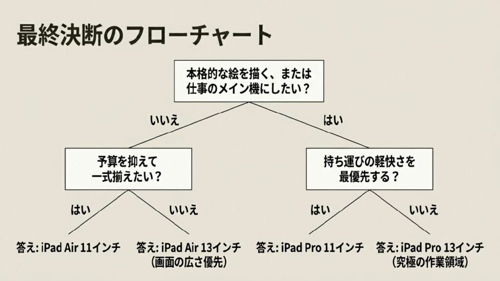 iPad AirとProの最終決断をサポートするYes/Noフローチャート