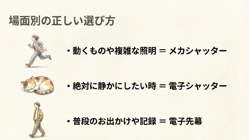 場面別シャッター方式の選び方まとめ 場面別の正しいシャッター方式の選び方