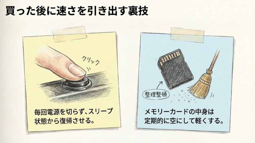 スリープ状態の活用や、SDカードの整理整頓による速度改善のイラスト