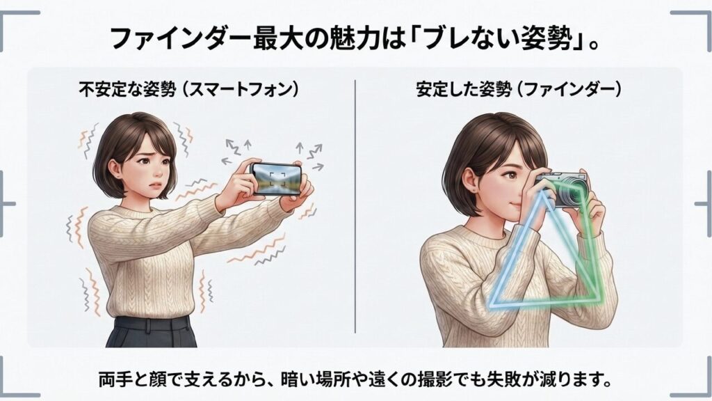 ファインダーによる安定した撮影姿勢 スマホとファインダーの構え方の違い。3点支持でブレを防ぐ