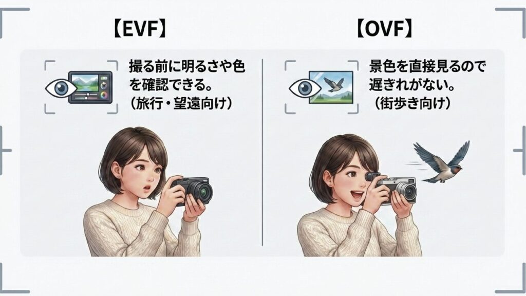 EVFとOVFの見え方と特徴 EVFとOVFの違い。EVFは明るさを確認でき、OVFは遅延がない