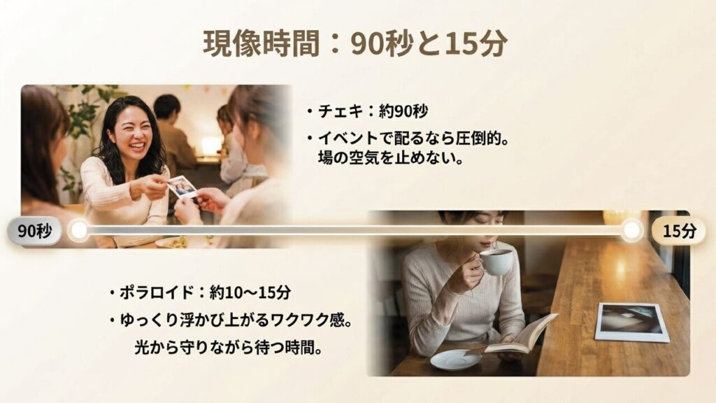現像時間の比較：チェキは約90秒、ポラロイドは約15分