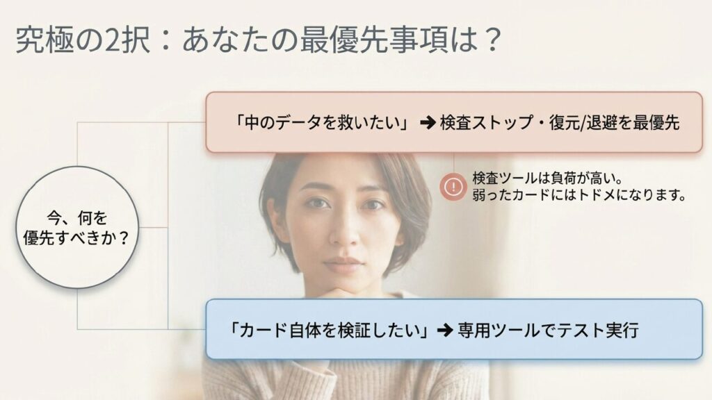 SDカードの不調時、中のデータを救いたいのか、カード自体を検証したいのか最優先事項を決める