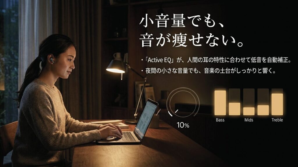 人間の耳の特性に合わせて低音を自動補正し小音量でも音が痩せないActive EQ