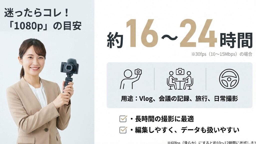 128GBのSDカードで1080p画質を録画した時の時間目安