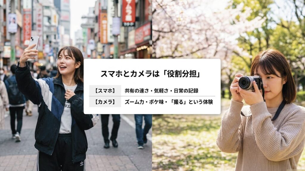 スマホとカメラは役割分担。スマホは共有の速さ、カメラはズーム力・ボケ味・撮る体験