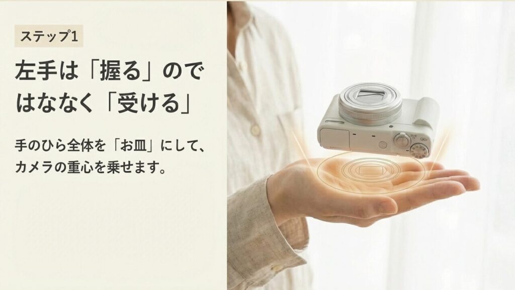 左手は「受ける」 左手は手のひら全体をお皿にしてカメラの重心を乗せる