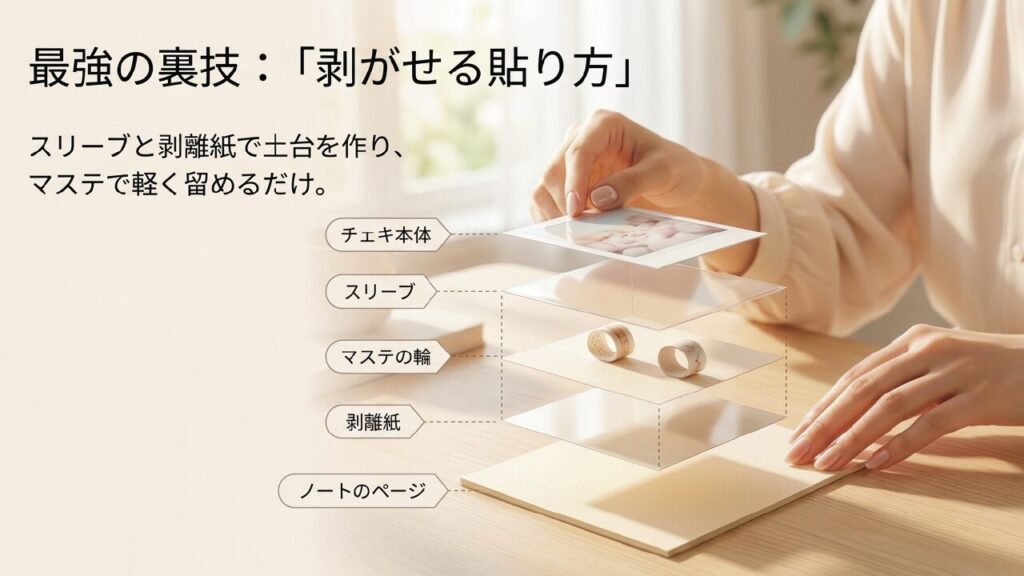 スリーブと剥離紙を使った剥がせる貼り方の図解