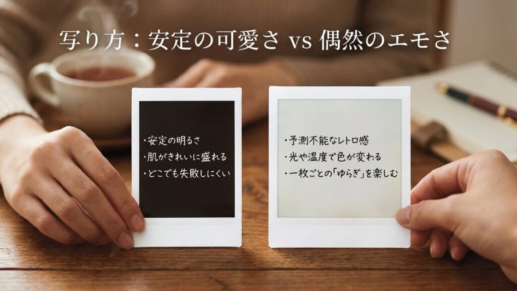 写り方の比較：安定の可愛さのチェキ、偶然のエモさのポラロイド