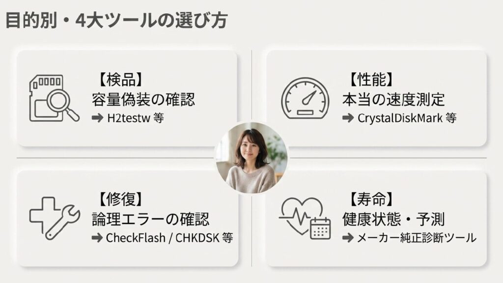 目的別・4大チェックツールの選び方（検品・性能・修復・寿命）