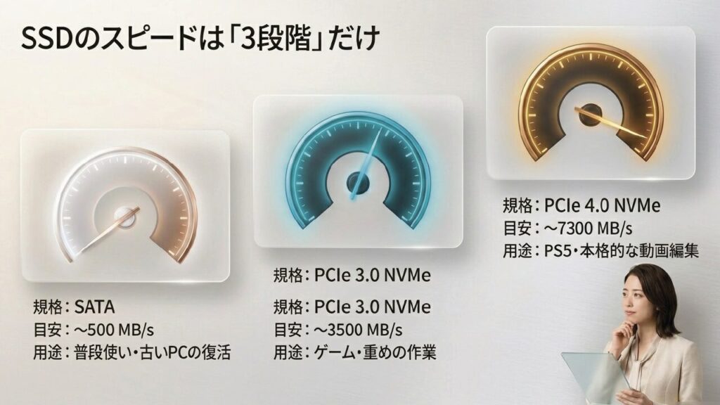 SSDの速度目安はSATA、PCIe 3.0、PCIe 4.0の3段階