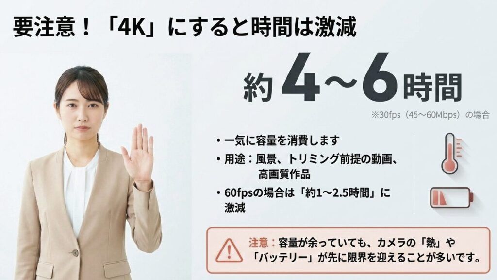 128GBのSDカードで4K画質を録画した時の時間目安と注意点