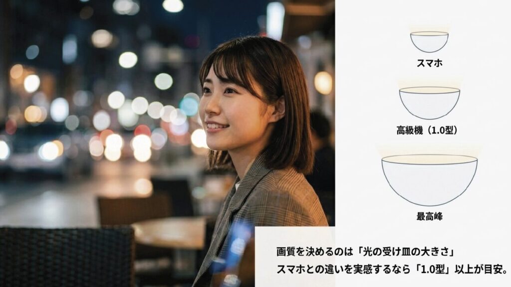 画質を決めるのは光の受け皿の大きさ。スマホとの違いを実感するなら1.0型以上が目安