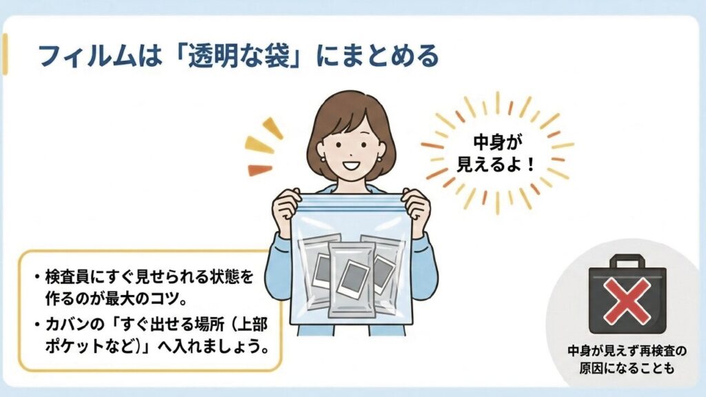 保安検査場ですぐに出せるよう透明な袋にまとめたチェキフィルム