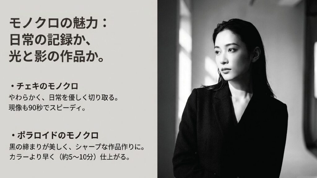 モノクロの魅力：日常の記録のチェキ、光と影の作品のポラロイド