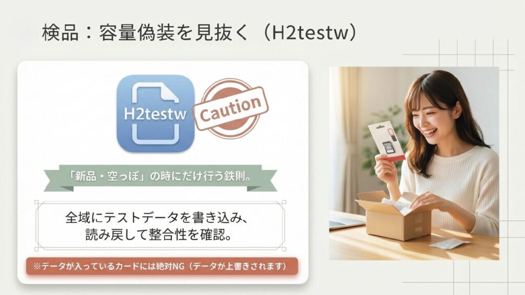 H2testwはデータが入っているカードにはNG。新品・空っぽの時だけ行う
