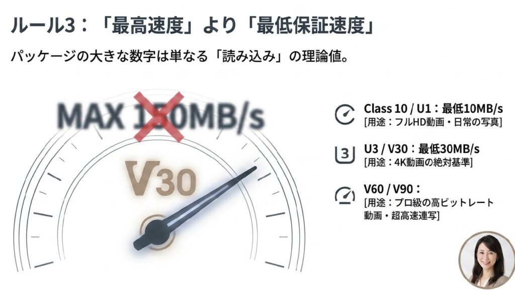 SDカードのスピードクラスと最低保証書き込み速度（V30など）