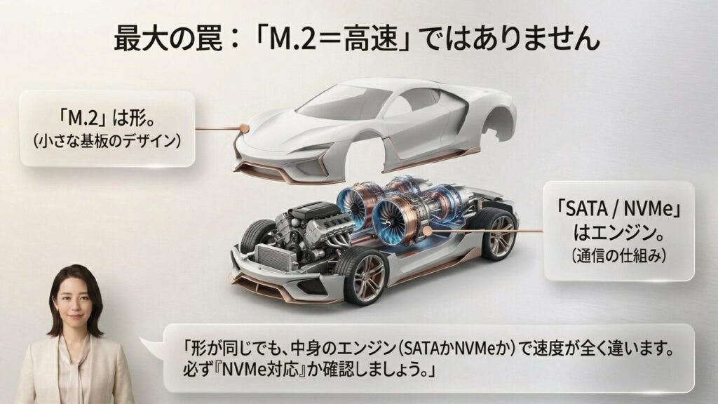 M.2は形状の名前であり、通信方式（エンジン）のSATAやNVMeとは異なる