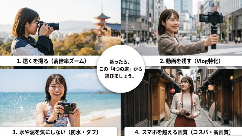 迷ったらこの4つの道から選びましょう：高倍率ズーム、Vlog特化、防水タフ、コスパ高画質