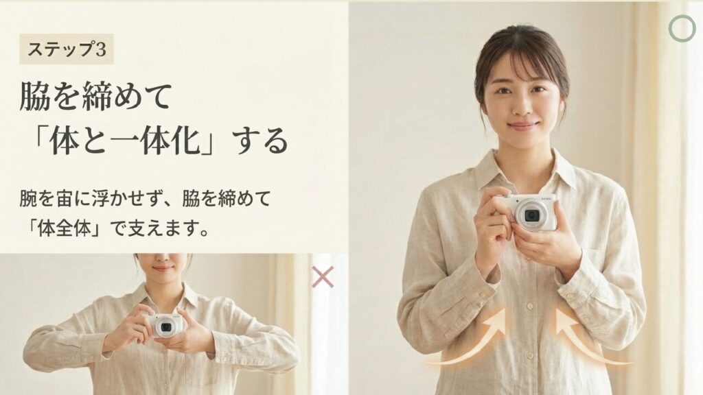 脇を締めて「体と一体化」する 腕を宙に浮かせず脇を締めて体全体で支える