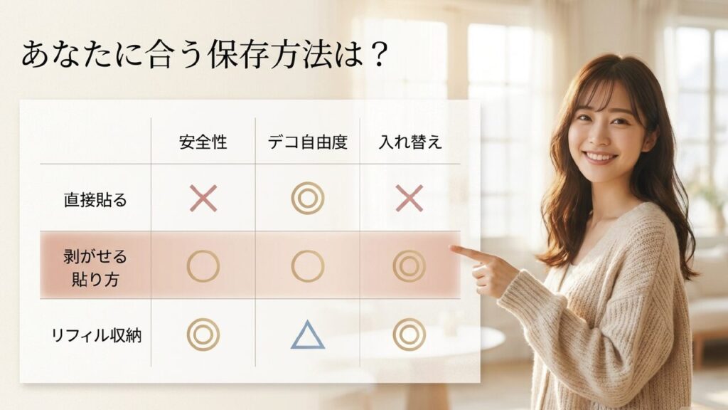 直接貼る、剥がせる、リフィル収納の保存方法比較表