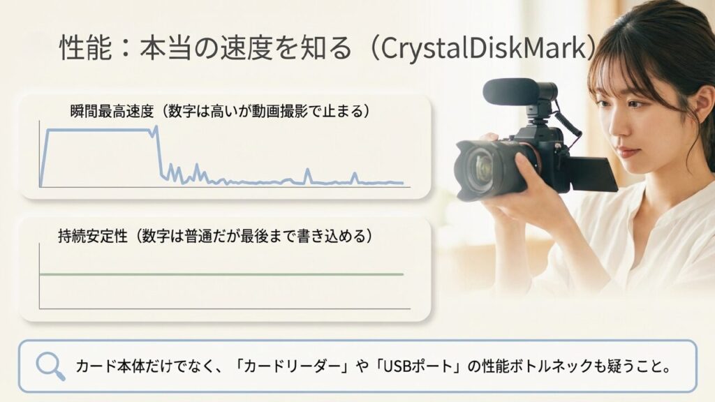 CrystalDiskMarkでの速度テストは瞬間最高速度だけでなく持続安定性を見る