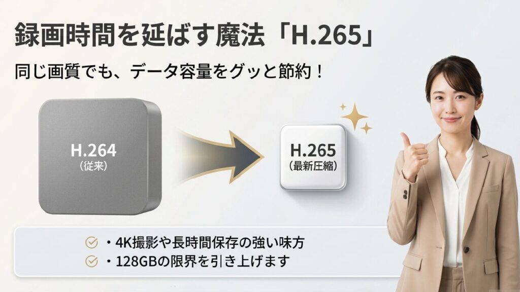H.265圧縮による録画時間の延長効果