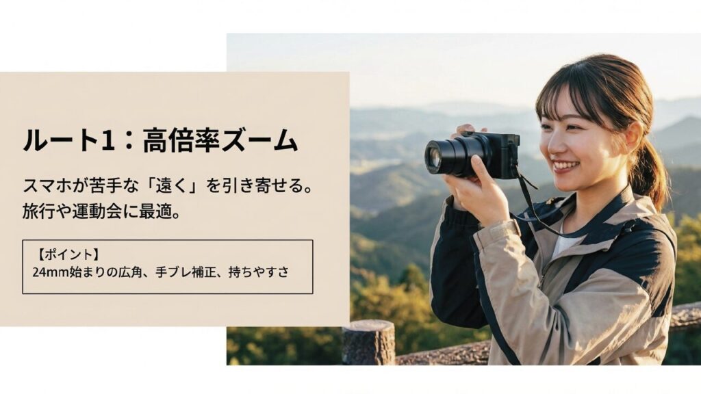 ルート1：高倍率ズーム。スマホが苦手な遠くを引き寄せ、旅行や運動会に最適