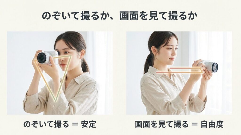 のぞいて撮るか、画面を見て撮るか のぞいて撮ると安定し、画面を見て撮ると自由度が上がる