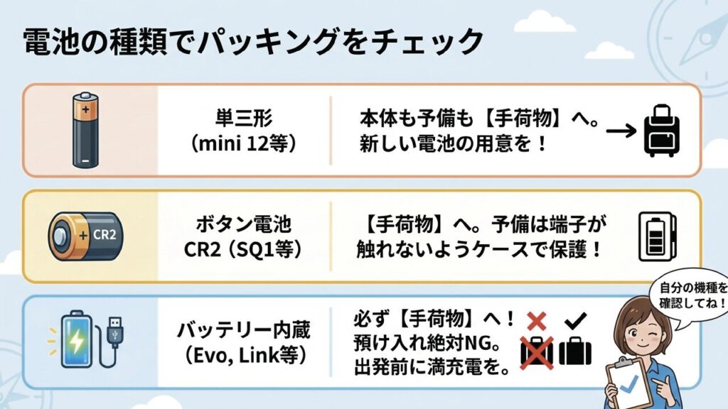 単三電池、CR2、内蔵バッテリーなどチェキの電源別のパッキング注意点